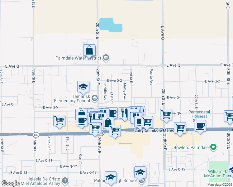 map of restaurants, bars, coffee shops, grocery stores, and more near 38609 Ladelle Avenue in Palmdale
