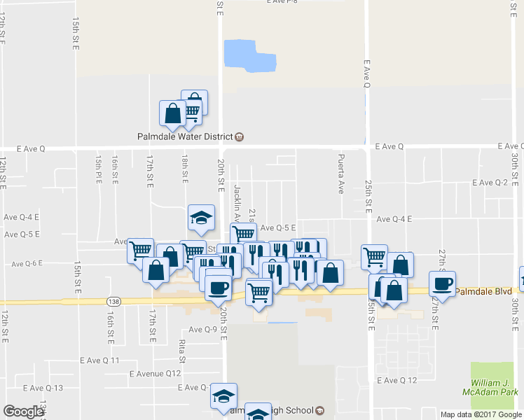 map of restaurants, bars, coffee shops, grocery stores, and more near 38609 Ladelle Avenue in Palmdale