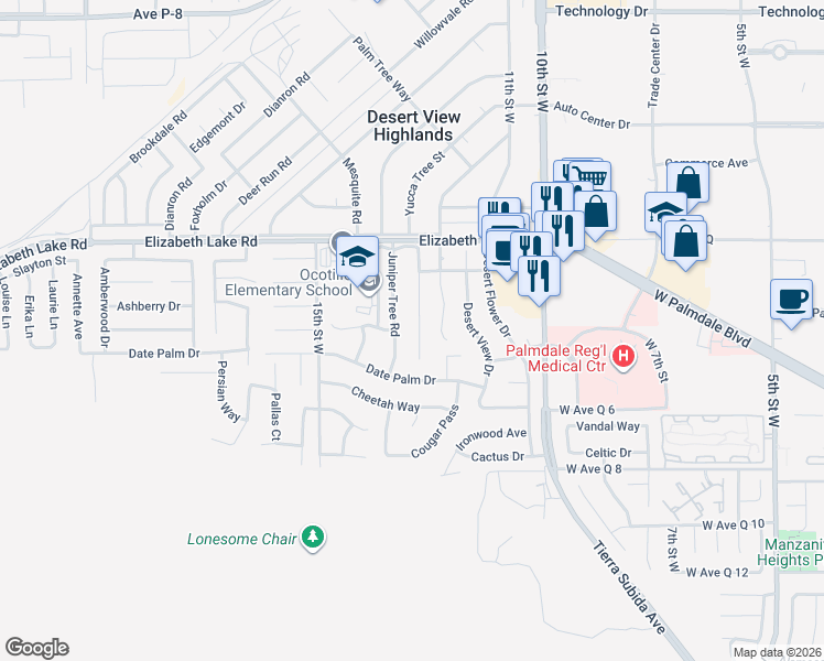 map of restaurants, bars, coffee shops, grocery stores, and more near 38629 Yucca Tree Street in Palmdale