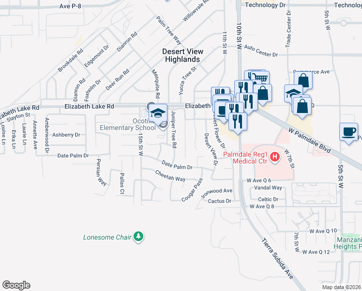 map of restaurants, bars, coffee shops, grocery stores, and more near 38629 Yucca Tree Street in Palmdale