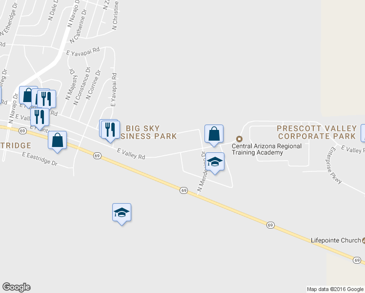 map of restaurants, bars, coffee shops, grocery stores, and more near 9300 East Valley Road in Prescott Valley