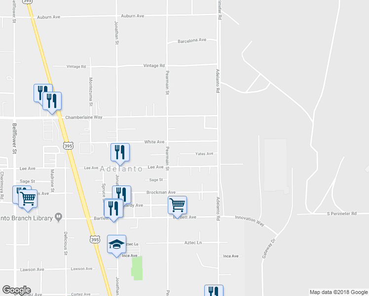 map of restaurants, bars, coffee shops, grocery stores, and more near 11971 White Avenue in Adelanto