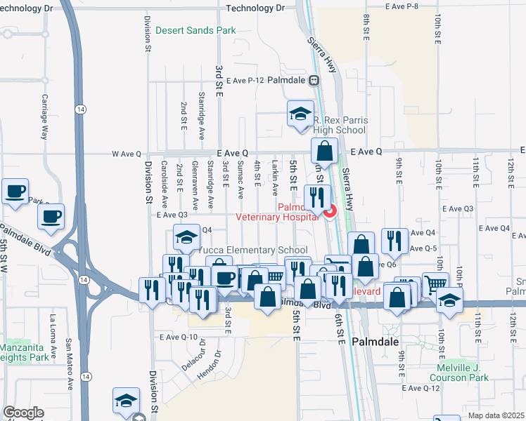 map of restaurants, bars, coffee shops, grocery stores, and more near 407 Avenue Q-3 in Palmdale