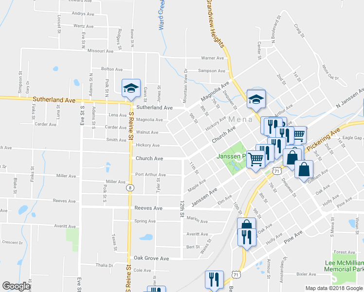 map of restaurants, bars, coffee shops, grocery stores, and more near 301 11th Street in Mena