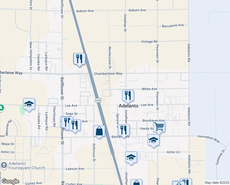 map of restaurants, bars, coffee shops, grocery stores, and more near 18355 Montezuma Street in Adelanto