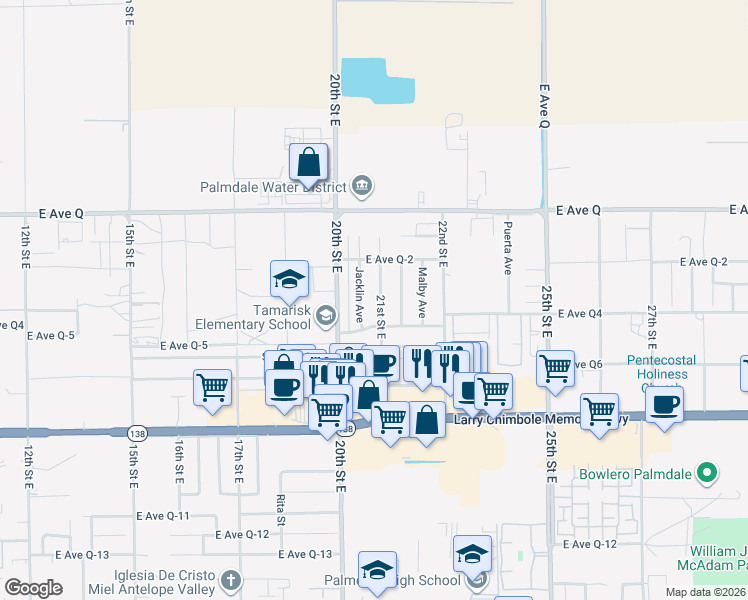 map of restaurants, bars, coffee shops, grocery stores, and more near 38609 21st Street East in Palmdale