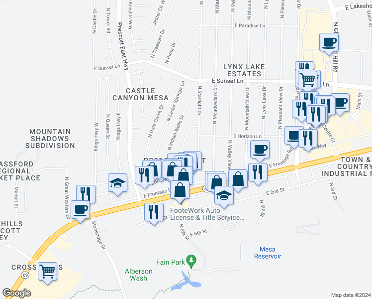 map of restaurants, bars, coffee shops, grocery stores, and more near 2818 North Starlight Drive in Prescott Valley