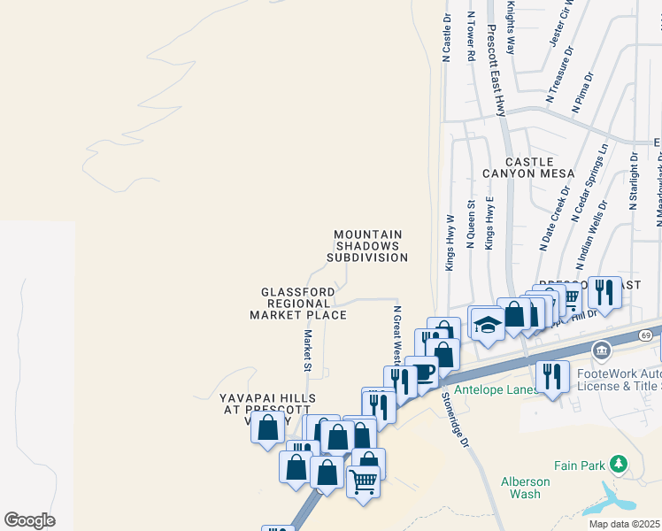 map of restaurants, bars, coffee shops, grocery stores, and more near 5700 East Market Street in Prescott Valley