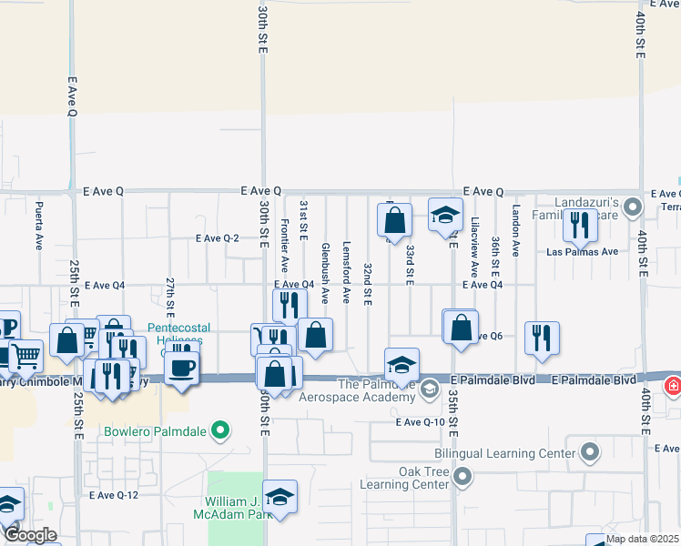 map of restaurants, bars, coffee shops, grocery stores, and more near 38603 Lemsford Avenue in Palmdale
