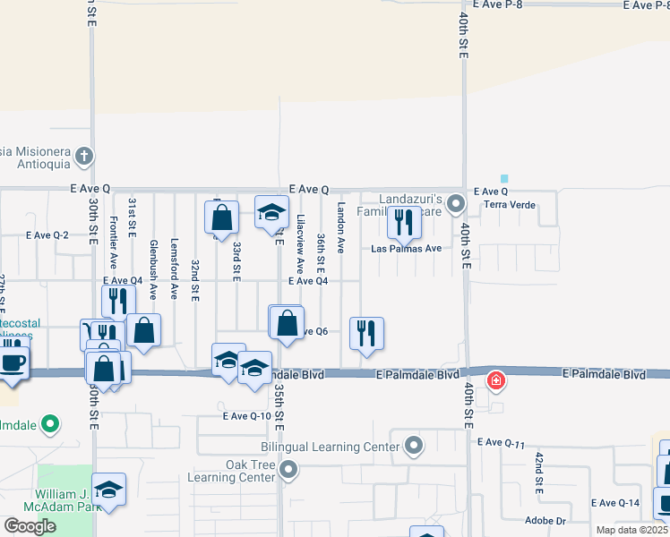 map of restaurants, bars, coffee shops, grocery stores, and more near 38615 Landon Avenue in Palmdale