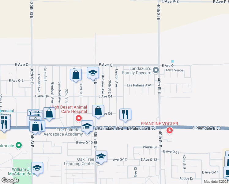 map of restaurants, bars, coffee shops, grocery stores, and more near 38615 Landon Avenue in Palmdale