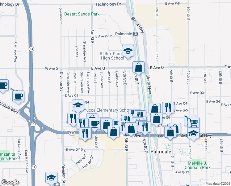 map of restaurants, bars, coffee shops, grocery stores, and more near 417 East Avenue Q-3 in Palmdale