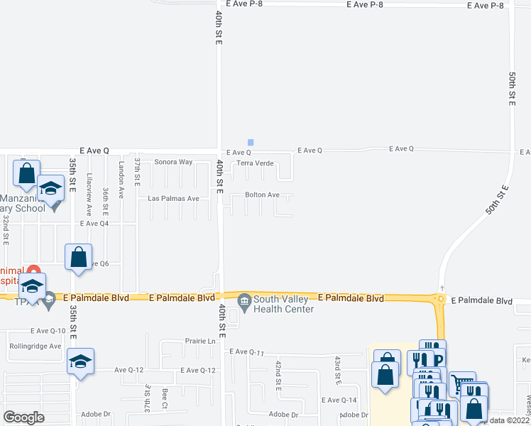 map of restaurants, bars, coffee shops, grocery stores, and more near 38618 Dedham Court in Palmdale