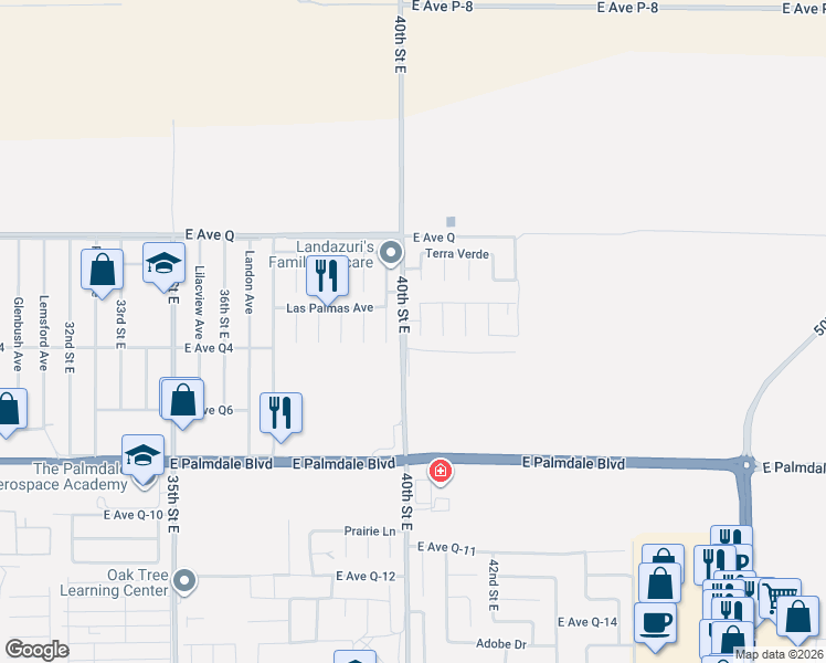 map of restaurants, bars, coffee shops, grocery stores, and more near 38617 Palms Place in Palmdale