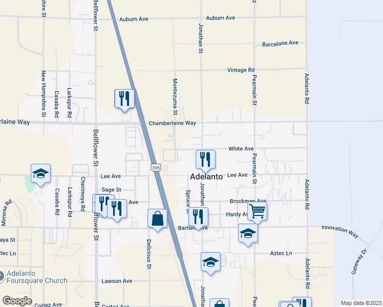 map of restaurants, bars, coffee shops, grocery stores, and more near 11661 White Avenue in Adelanto