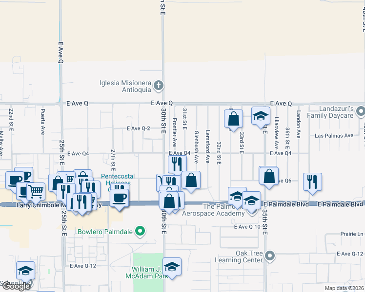 map of restaurants, bars, coffee shops, grocery stores, and more near 38615 31st Street East in Palmdale