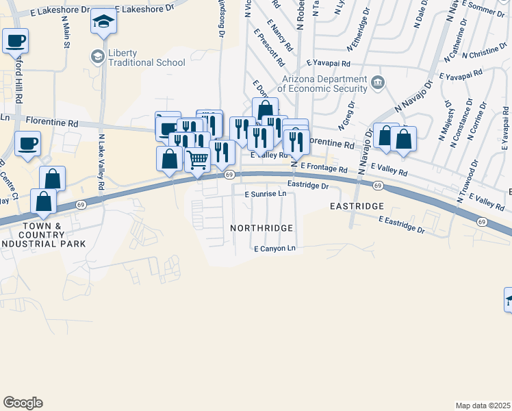 map of restaurants, bars, coffee shops, grocery stores, and more near 2845 North Panorama Drive in Prescott Valley