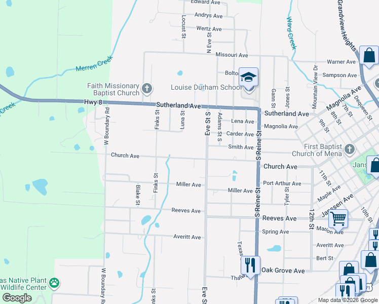 map of restaurants, bars, coffee shops, grocery stores, and more near 2105 Church Avenue in Mena