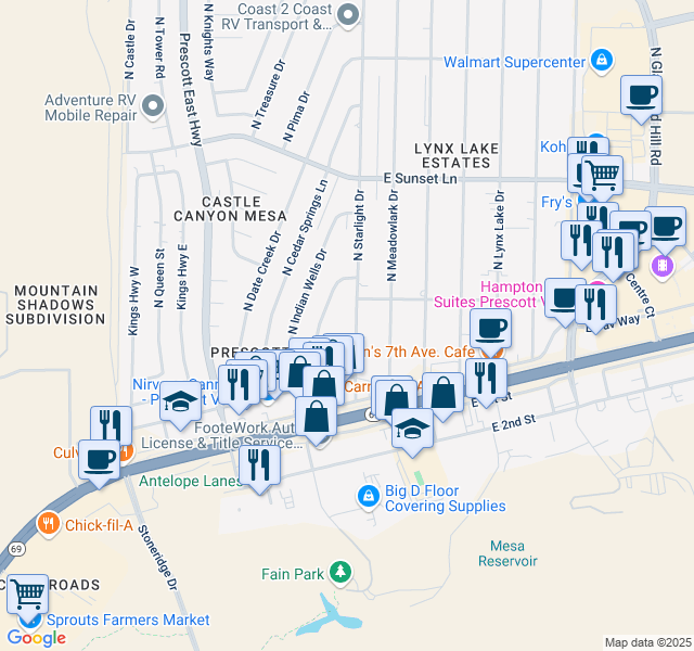 map of restaurants, bars, coffee shops, grocery stores, and more near 2818 North Starlight Drive in Prescott Valley