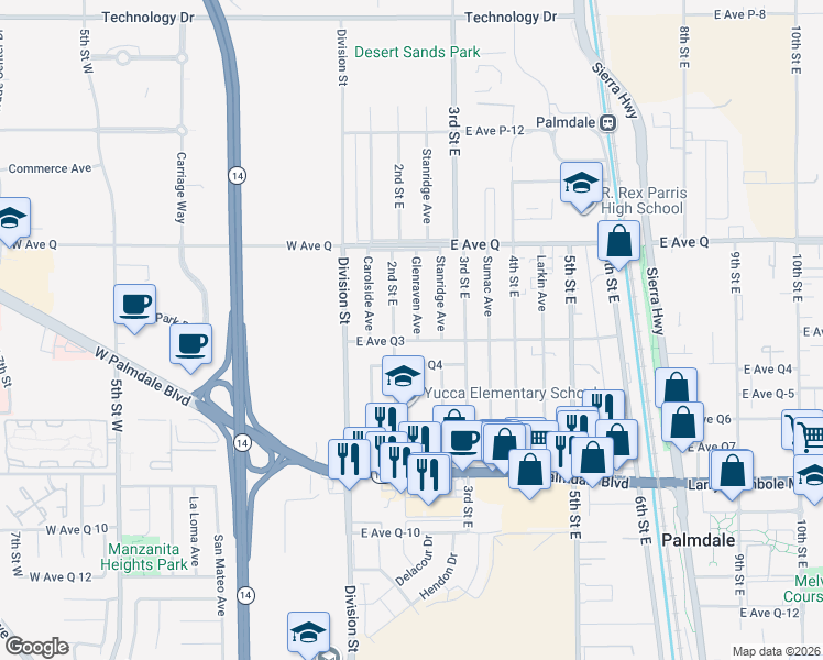 map of restaurants, bars, coffee shops, grocery stores, and more near 38609 Glenraven Avenue in Palmdale