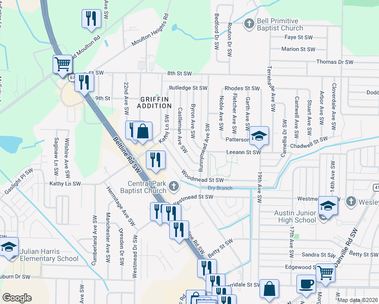 map of restaurants, bars, coffee shops, grocery stores, and more near 1317 Castleman Avenue Southwest in Decatur