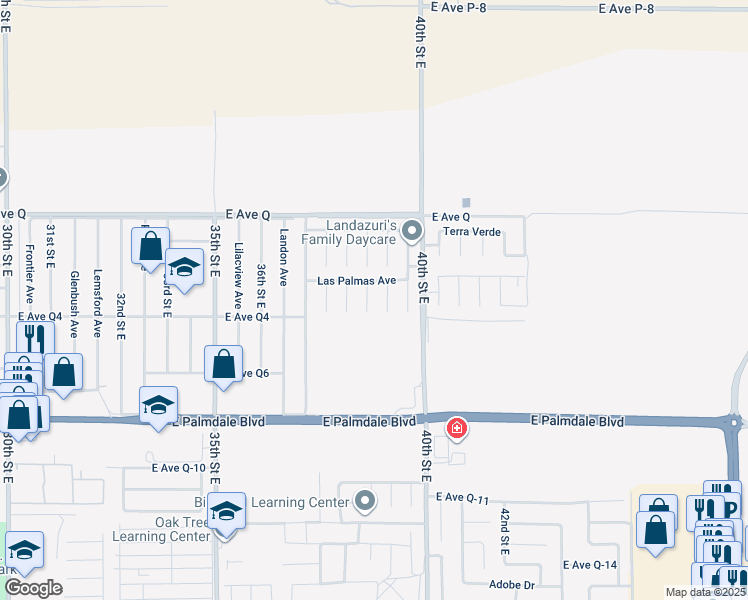 map of restaurants, bars, coffee shops, grocery stores, and more near 38620 Roma Court in Palmdale