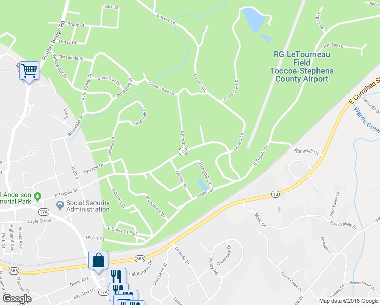 map of restaurants, bars, coffee shops, grocery stores, and more near 1534 East Tugalo Street in Toccoa