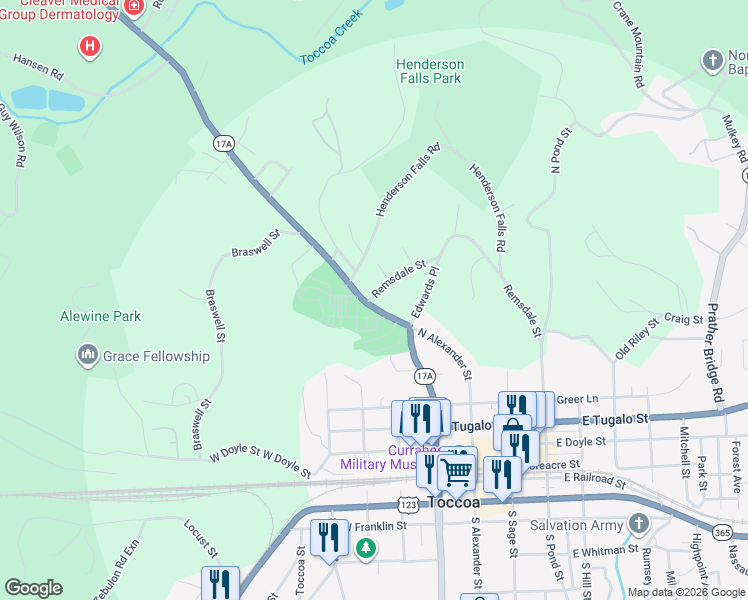 map of restaurants, bars, coffee shops, grocery stores, and more near 334 Georgia 17 Alternate in Toccoa