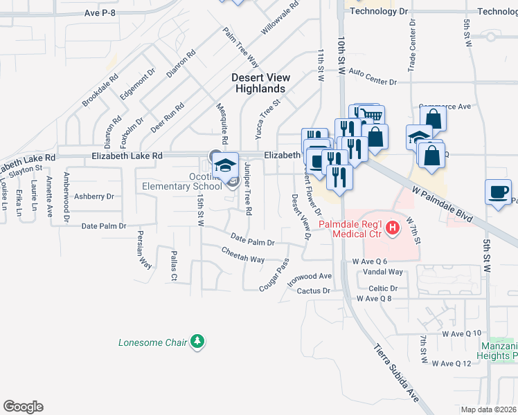 map of restaurants, bars, coffee shops, grocery stores, and more near 38618 Yucca Tree Street in Palmdale