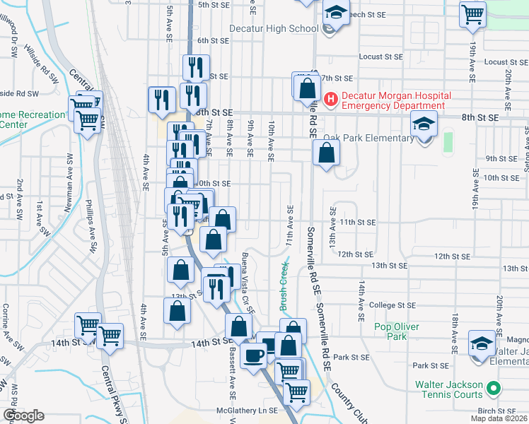 map of restaurants, bars, coffee shops, grocery stores, and more near 1501 10th Avenue Southeast in Decatur