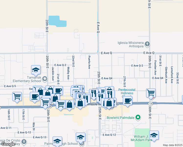 map of restaurants, bars, coffee shops, grocery stores, and more near 38620 Puerta Avenue in Palmdale