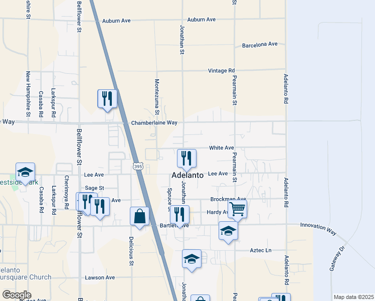 map of restaurants, bars, coffee shops, grocery stores, and more near 18367 Jonathan Street in Adelanto