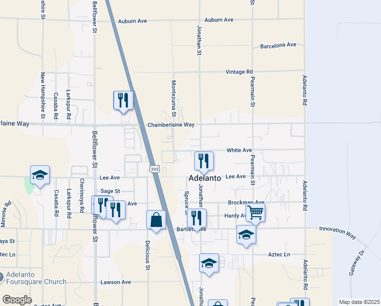 map of restaurants, bars, coffee shops, grocery stores, and more near 18335 Montezuma Street in Adelanto