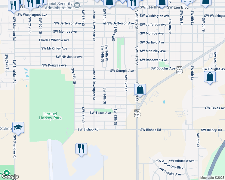 map of restaurants, bars, coffee shops, grocery stores, and more near 1217 Southwest Wisconsin Avenue in Lawton