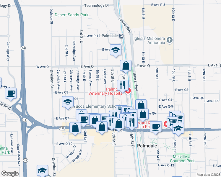 map of restaurants, bars, coffee shops, grocery stores, and more near 504 East Avenue Q-3 in Palmdale