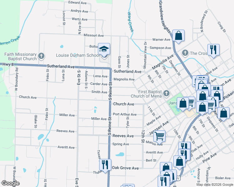 map of restaurants, bars, coffee shops, grocery stores, and more near 1310 Hickory Avenue in Mena