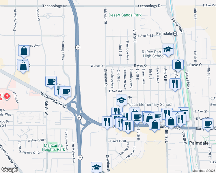 map of restaurants, bars, coffee shops, grocery stores, and more near 102 East Avenue Q3 in Palmdale