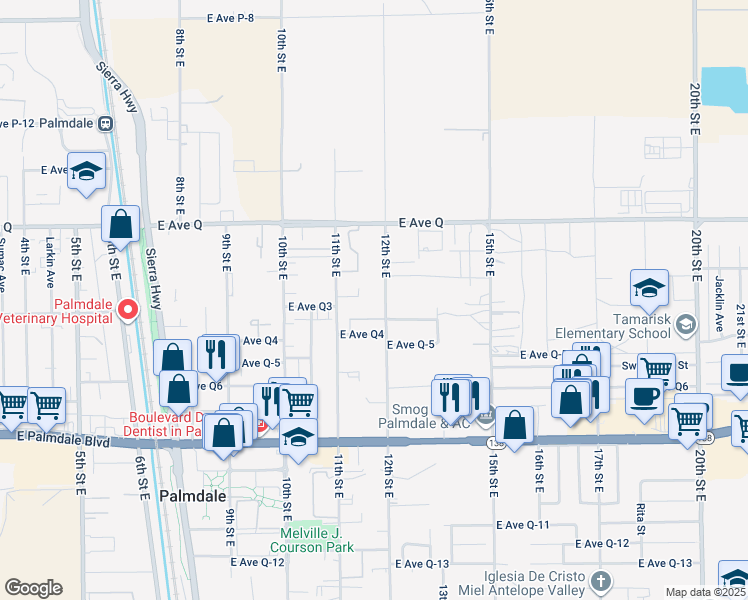 map of restaurants, bars, coffee shops, grocery stores, and more near 1105 East Avenue Q4 in Palmdale