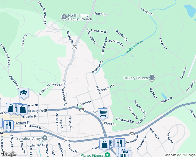 map of restaurants, bars, coffee shops, grocery stores, and more near 240 North Boulevard in Toccoa