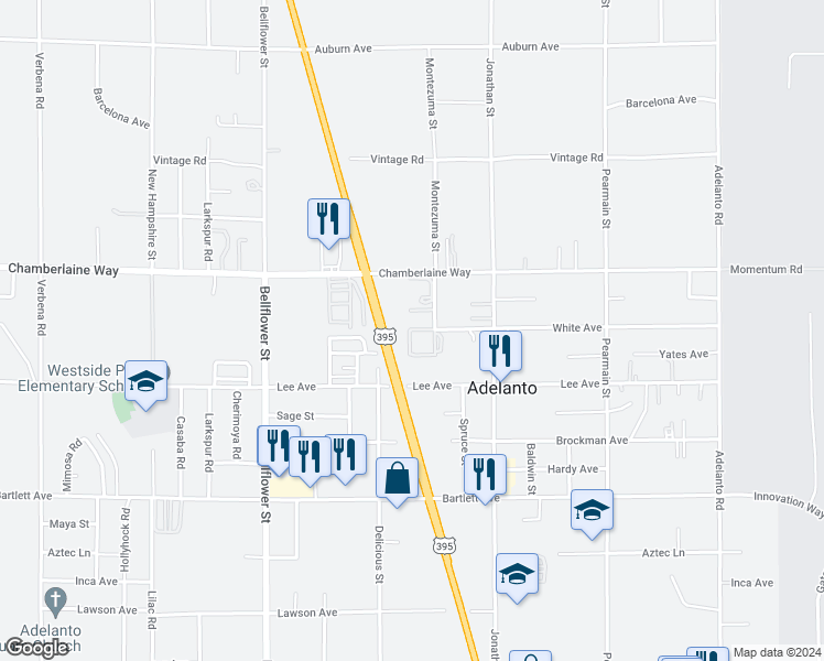 map of restaurants, bars, coffee shops, grocery stores, and more near 11501 White Avenue in Adelanto