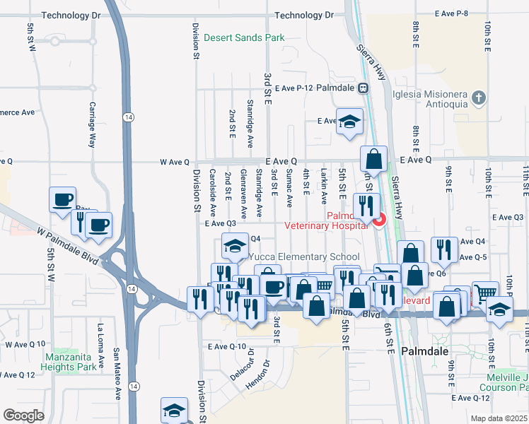 map of restaurants, bars, coffee shops, grocery stores, and more near 38616 Stanridge Avenue in Palmdale