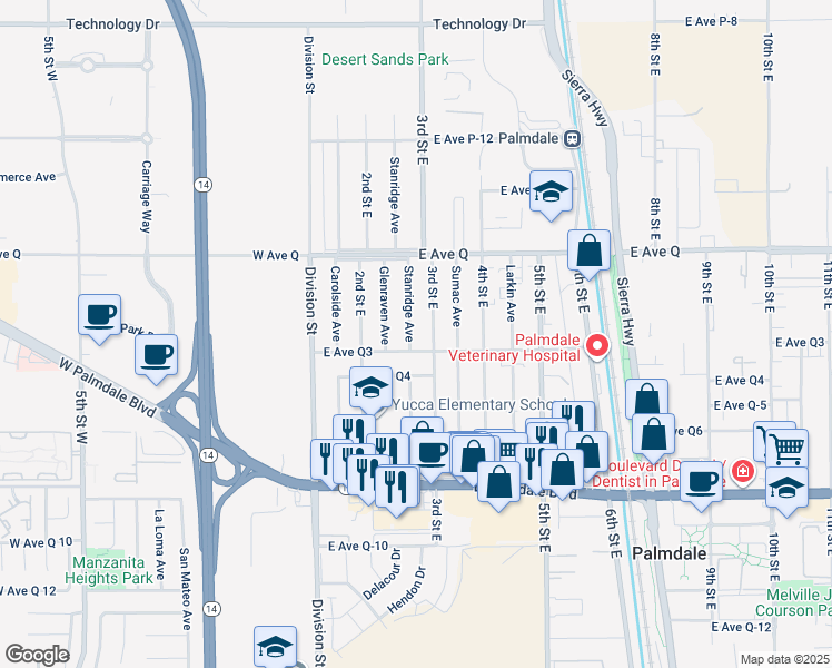 map of restaurants, bars, coffee shops, grocery stores, and more near 38616 Stanridge Avenue in Palmdale