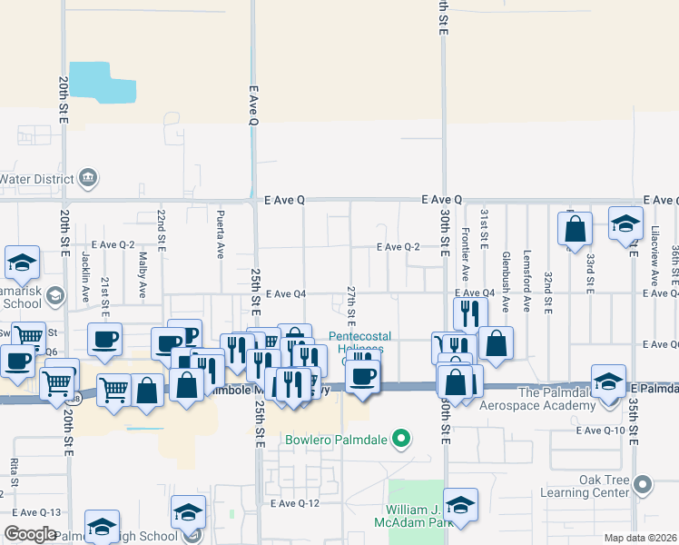 map of restaurants, bars, coffee shops, grocery stores, and more near 38625 27th Street East in Palmdale