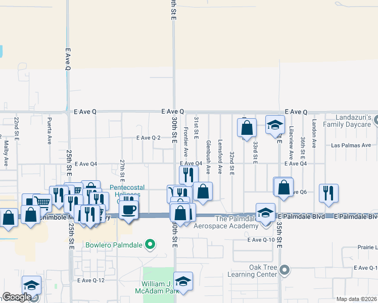 map of restaurants, bars, coffee shops, grocery stores, and more near 38626 Frontier Avenue in Palmdale
