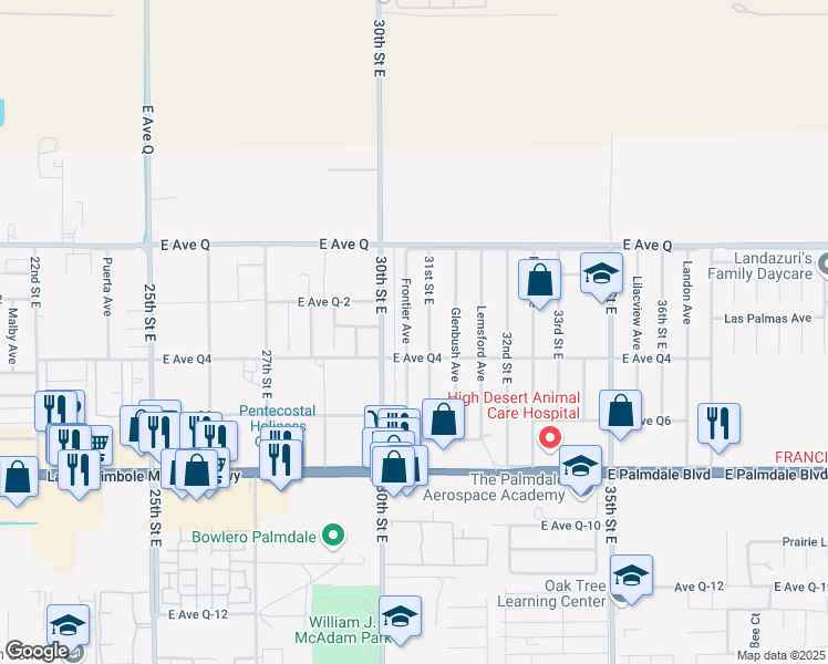 map of restaurants, bars, coffee shops, grocery stores, and more near 38603 Frontier Avenue in Palmdale