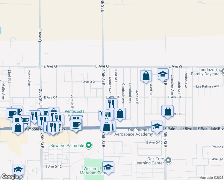 map of restaurants, bars, coffee shops, grocery stores, and more near 38626 Frontier Avenue in Palmdale