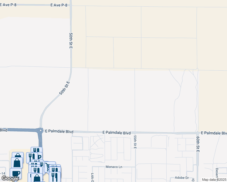 map of restaurants, bars, coffee shops, grocery stores, and more near 53rd Street East in Palmdale