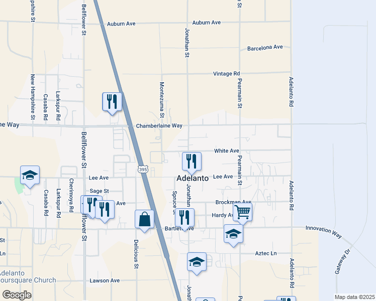 map of restaurants, bars, coffee shops, grocery stores, and more near 18367 Jonathan Street in Adelanto