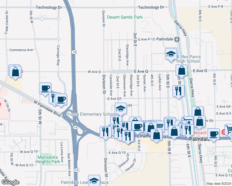 map of restaurants, bars, coffee shops, grocery stores, and more near 38621 2nd Street East in Palmdale
