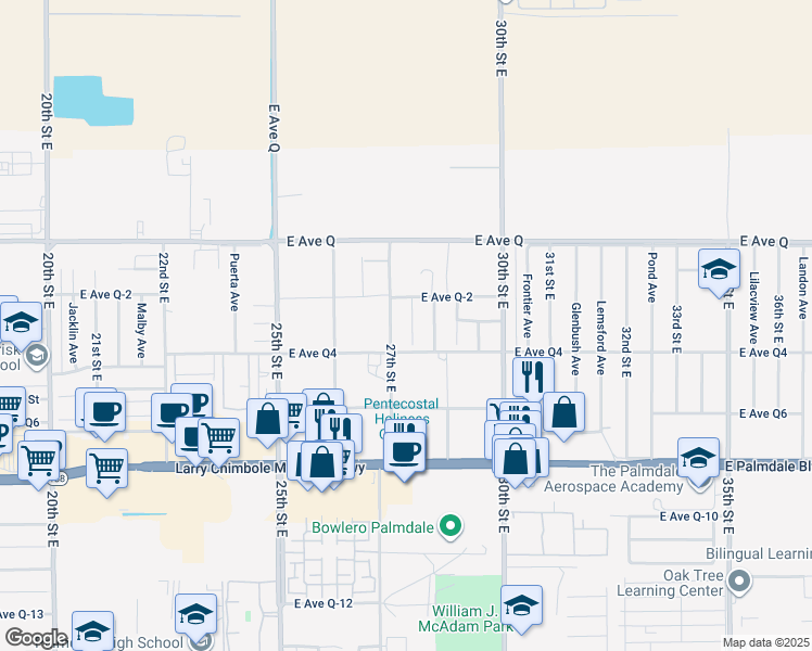 map of restaurants, bars, coffee shops, grocery stores, and more near 38633 Angele Trumpet Court in Palmdale